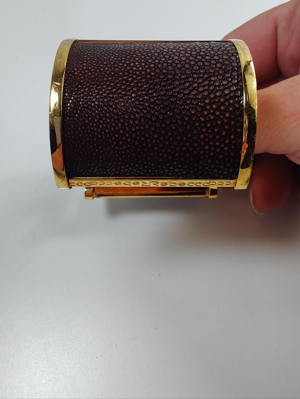 Rebecca Italy Wide Gold Tone Brown Textured Cuff Bracelet Designer Statement - Picture 7 of 14